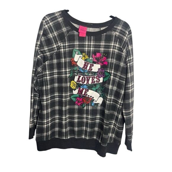 Torrid X BETSEY JOHNSON HE LOVES ME RAGLAN SWEATSHIRT COZY FLEECE PLAID - Picture 3 of 7